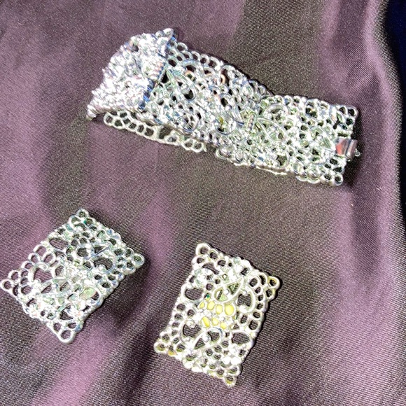 1950s Emmons Vintage Silver Filigree Clip-on Earrings & Matching Bracelet Set - Picture 1 of 5